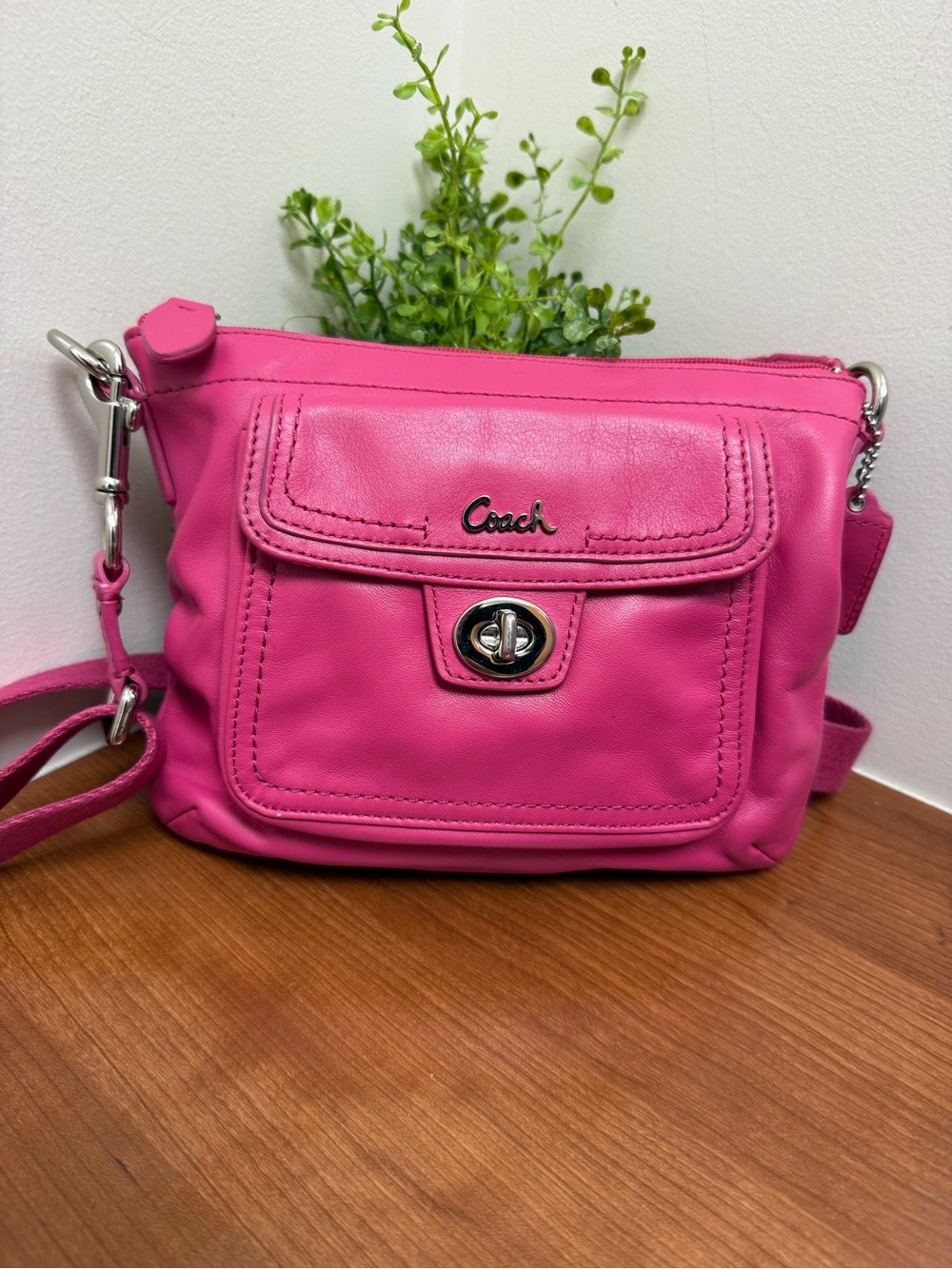Coach Bright Pink Leather Crossbody with Turn-Lock Front Pocket